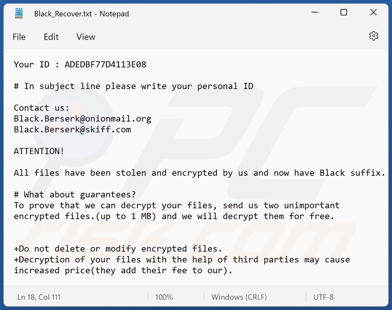 Nota de rescate del ransomware Black Berserk (Black_Recover.txt)