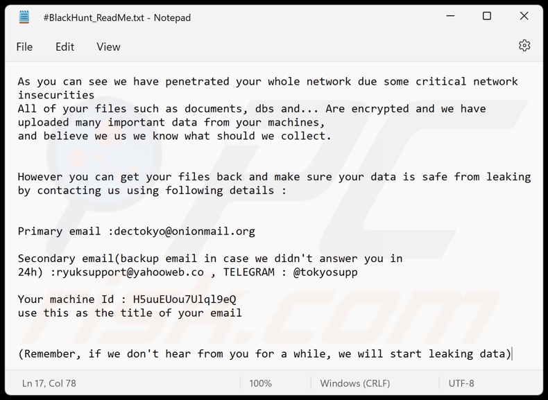 Archivo de texto del ransomware Black Hunt 2.0 (#BlackHunt_ReadMe.txt)