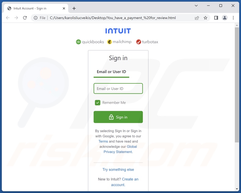 Correo electrónico fraudulento de Intuit QuickBooks Invoice promovido archivo de phishing (You_have_a_payment_ for_review.html)