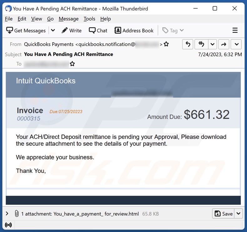 Campaña de spam por correo electrónico de Intuit QuickBooks Invoice