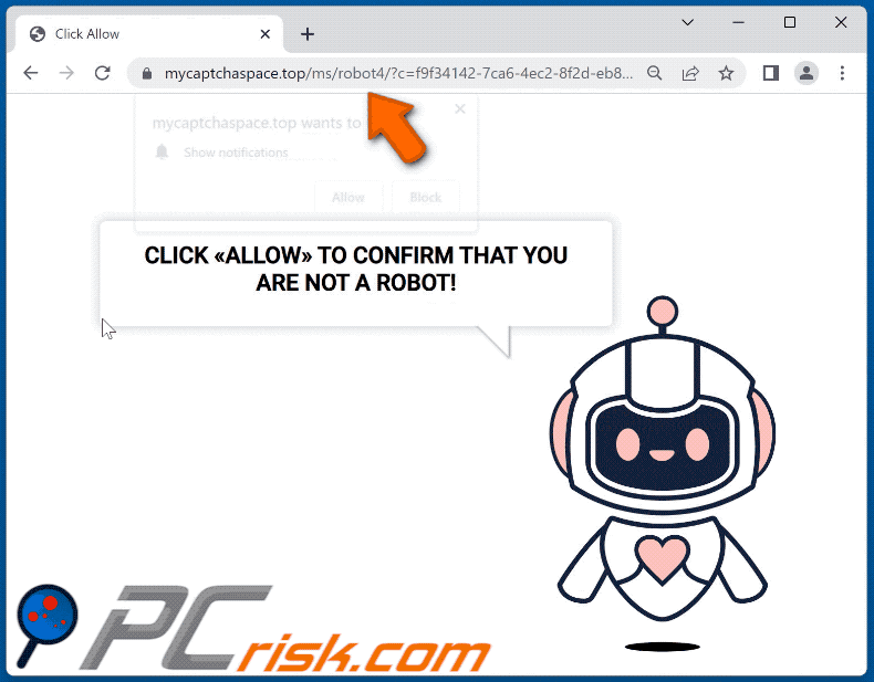 Aspecto del sitio web de mycaptchaspace[.]top (GIF)