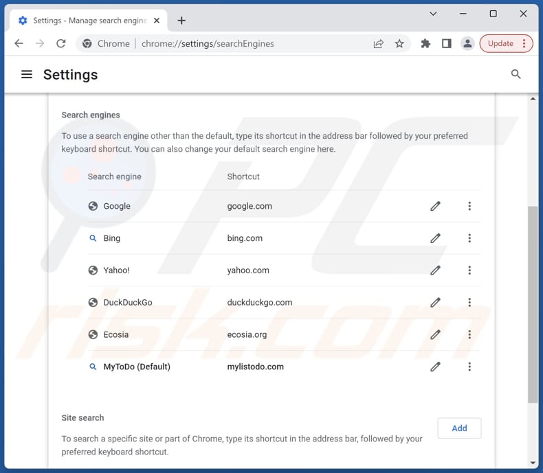 Eliminar mylistodo.com del motor de búsqueda predeterminado de Google Chrome