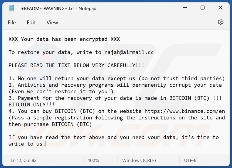 Nota de rescate del ransomware Rajah (+README-WARNING+.txt)