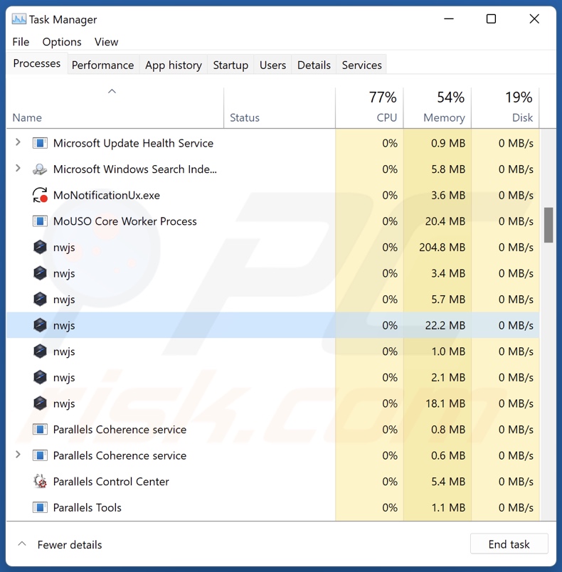 Proceso del adware Subtitles en el Administrador de Tareas (nwjs - nombre del proceso).