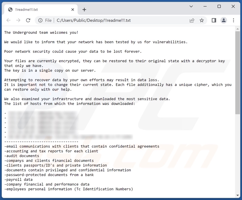 Nota de rescate del ransomware Underground Team (!!readme!!!.txt)