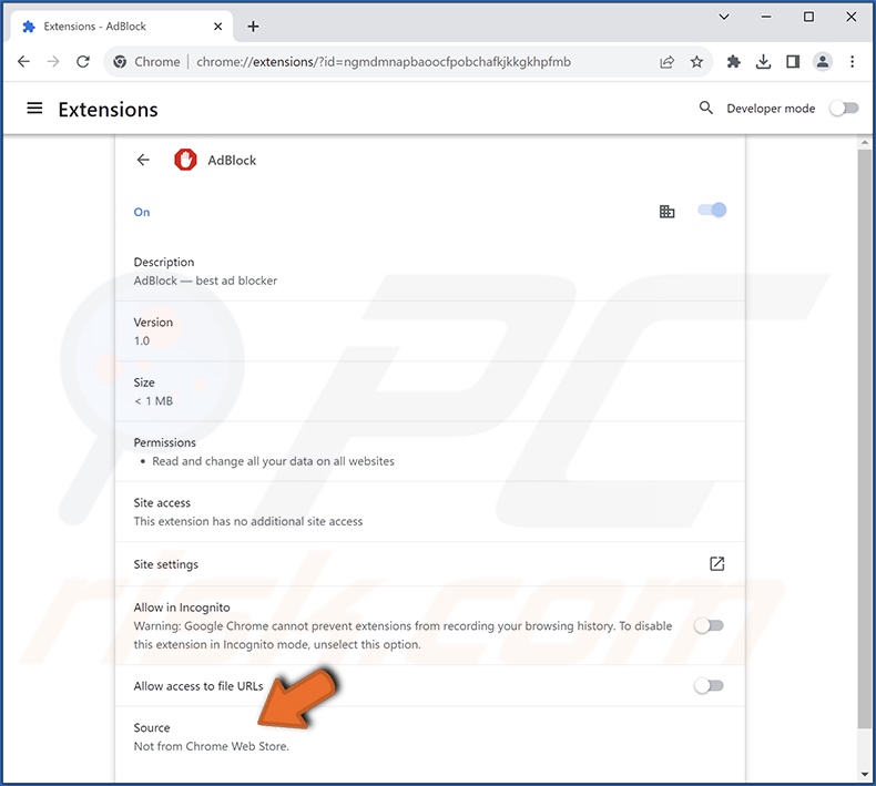 Detalles de la extensión del adware AdBlock