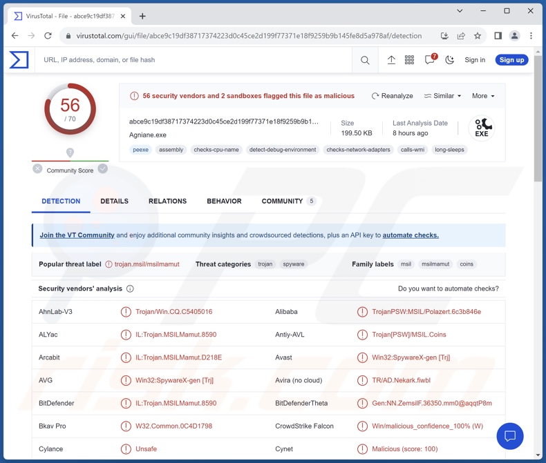 Detecciones del malware Agniane en VirusTotal