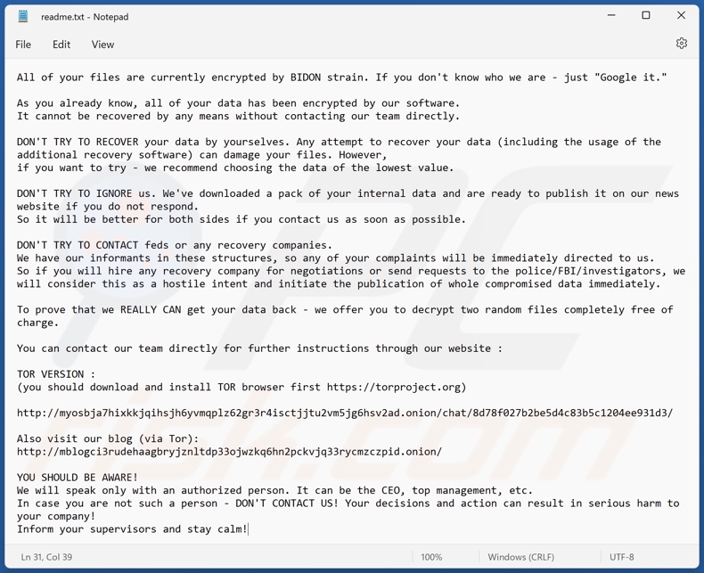 Nota de rescate del ransomware BIDON (readme.txt)