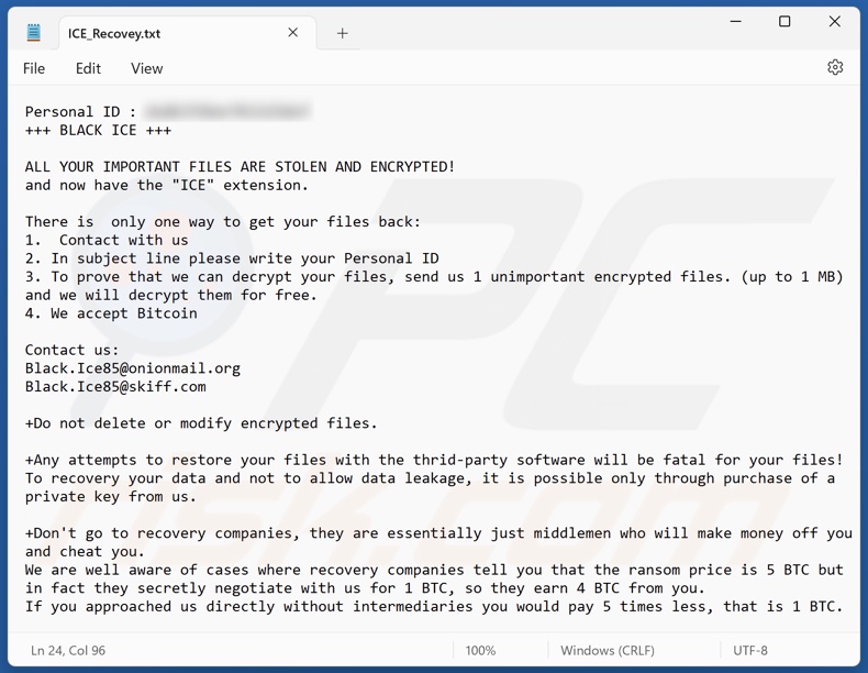 Nota de rescate del ransomware BLACK ICE (ICE_Recovey.txt)