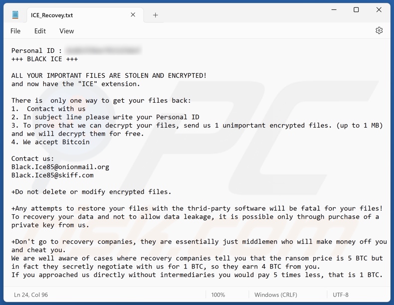 Nota de rescate del ransomware BLACK ICE (ICE_Recovey.txt)