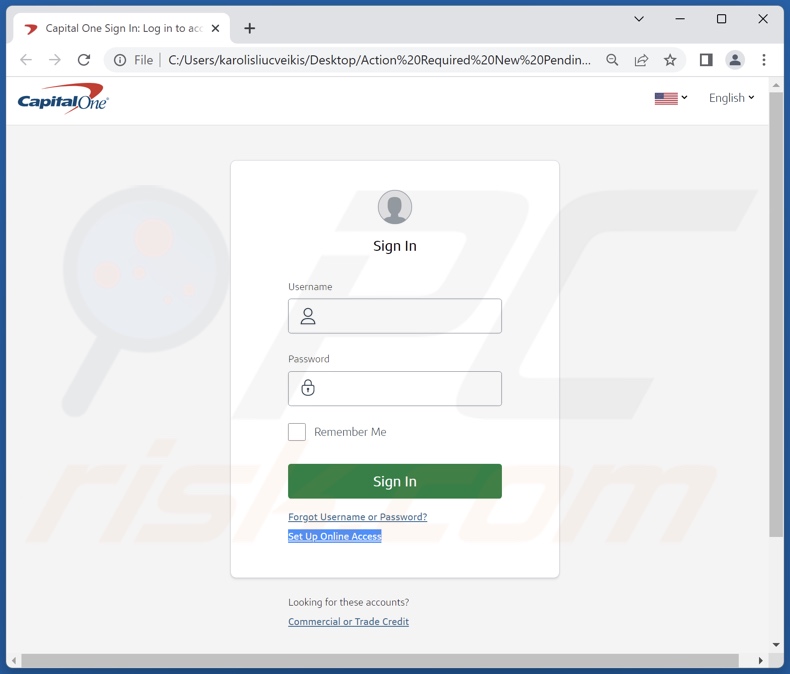 Capital One SECURITY MESSAGE correo electrónico fraudulento promovido archivo phishing (Action Required New Pending E-payment on Your Account.html)