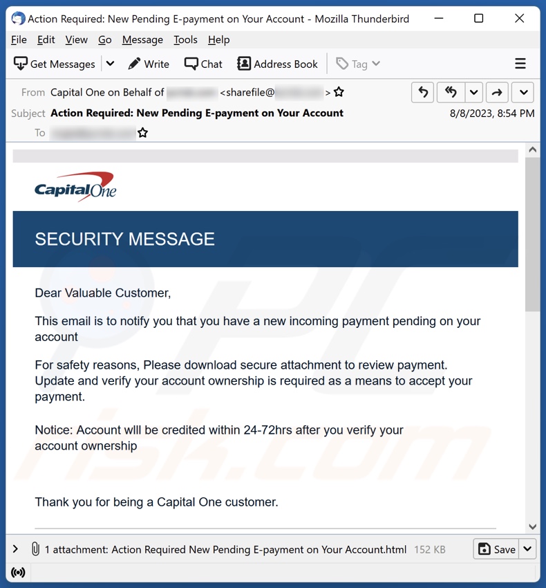 Capital One SECURITY MESSAGE campaña de spam por correo electrónico