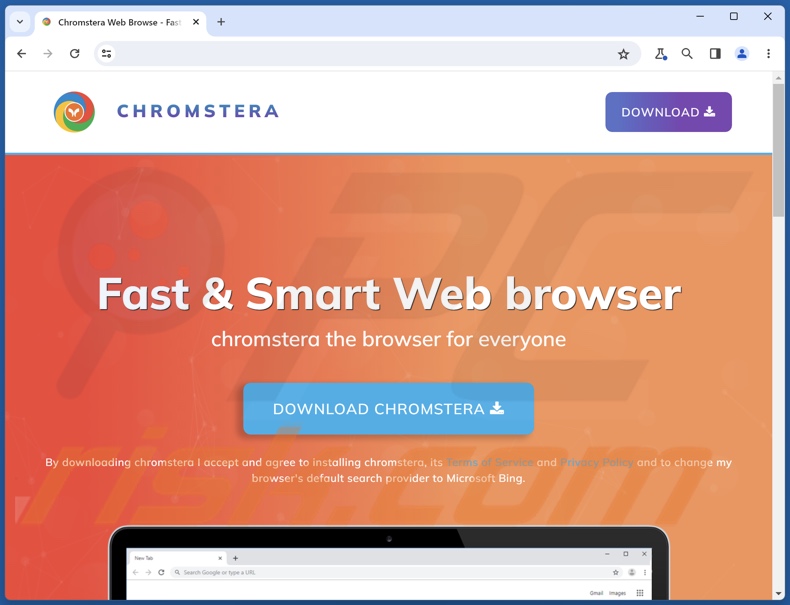 Página web promocionando el navegador Chromstera