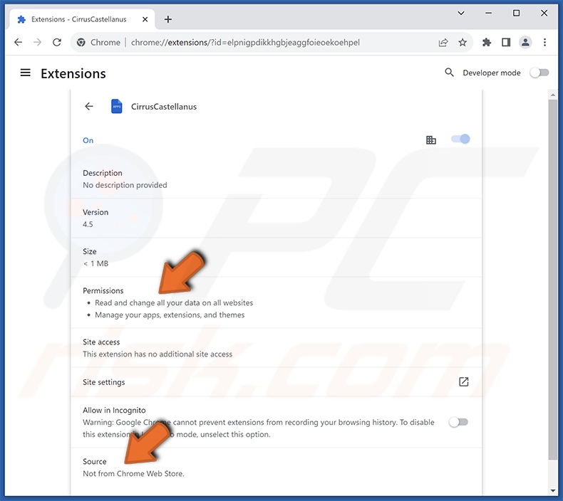 Detalles de la extensión de navegador CirrusCastellanus