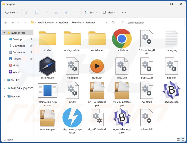 Carpeta de instalación del adware Designer
