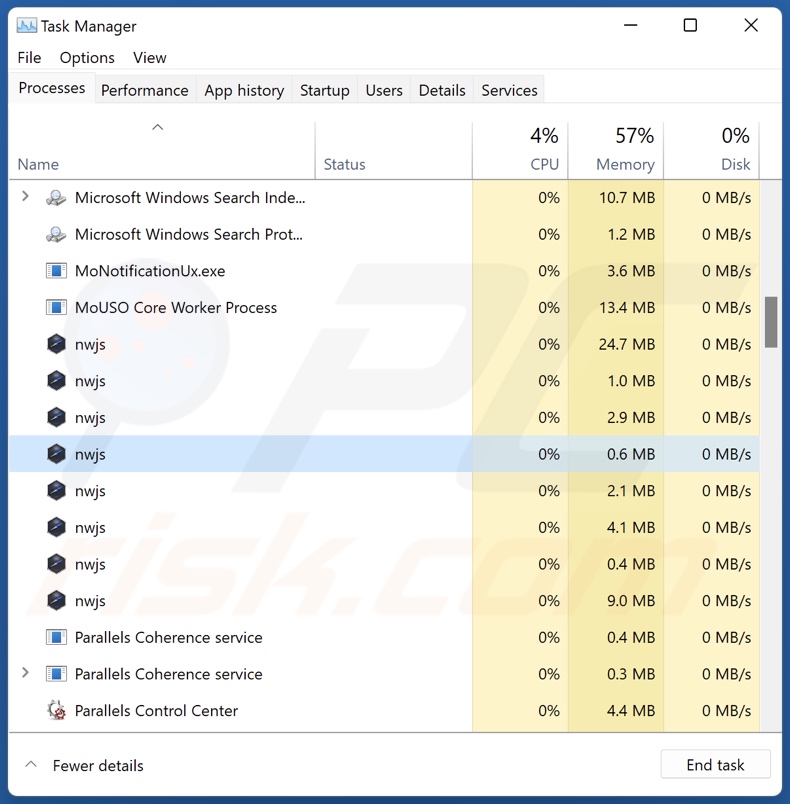 Designer adware en el Administrador de Tareas (nwjs - nombre del proceso)