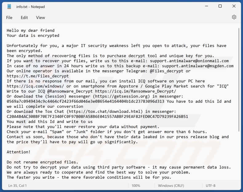 Archivo de texto (info.txt) del ransomware G-STARS (Phobos)