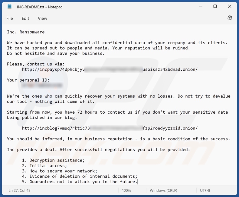 Nota de rescate del ransomware INC (INC-README.txt)