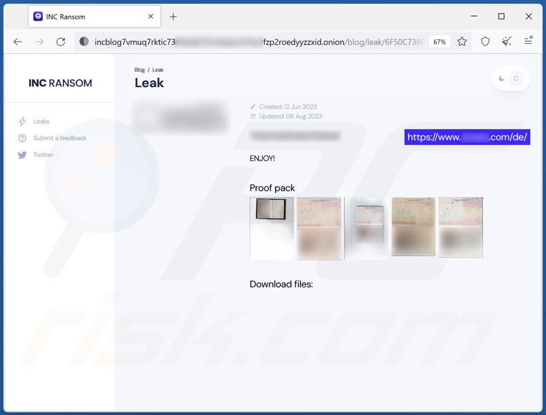 Sitio web del ransomware INC utilizado para filtrar los datos robados