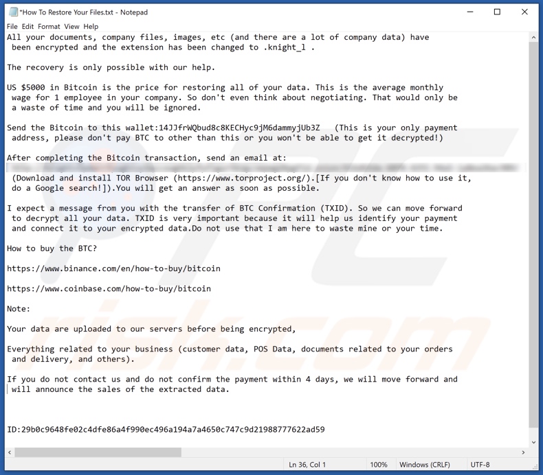 Nota de rescate del ransomware Knight (How To Restore Your Files.txt)