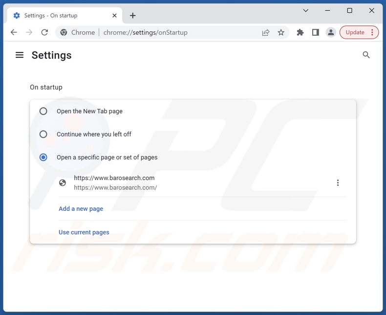 Eliminar barosearch.com de la página de inicio de Google Chrome