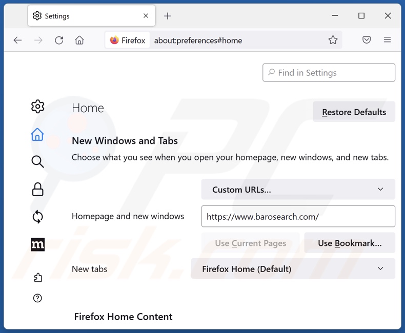 Eliminar barosearch.com de la página de inicio de Mozilla Firefox