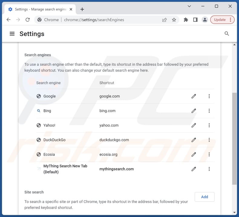 Eliminar mythingsearch.com del motor de búsqueda predeterminado de Google Chrome