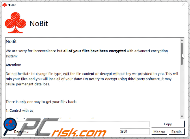 Nota de rescate (pop-up) GIF del ransomware NoBit