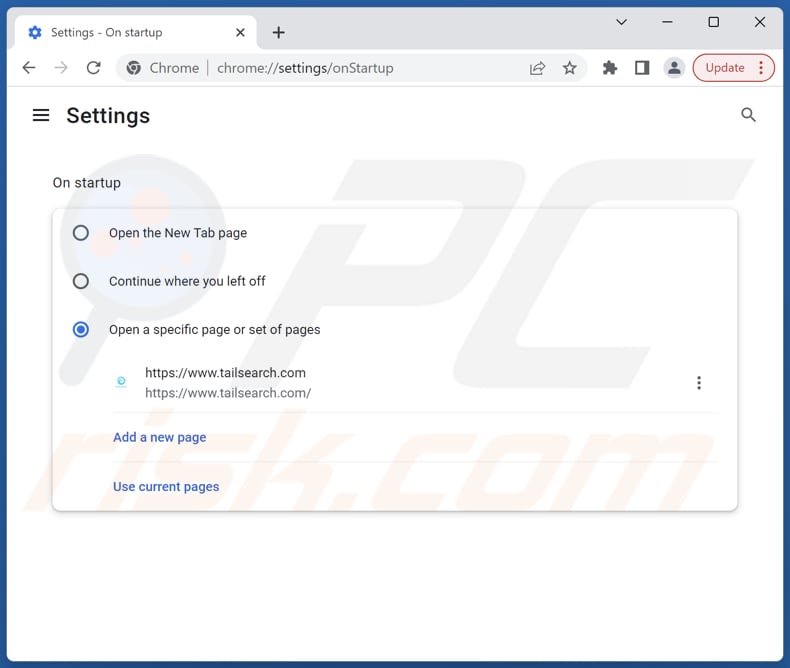 Eliminar tailsearch.com de la página de inicio de Google Chrome