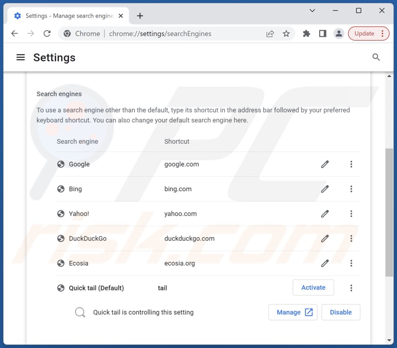 Eliminar tailsearch.com del motor de búsqueda predeterminado de Google Chrome