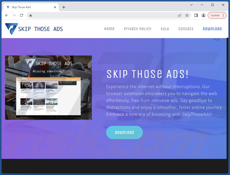 Sitio web promocionando el adware Skip Those Ads