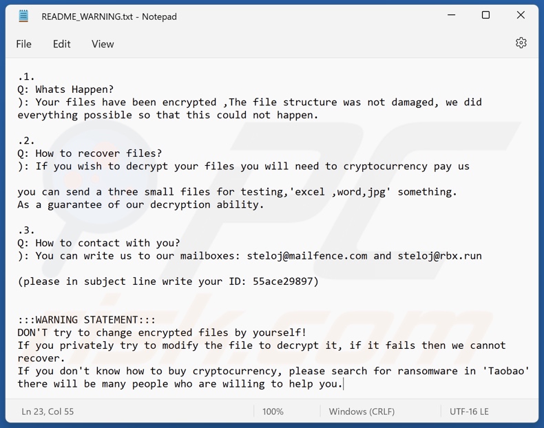 Nota de rescate del ransomware Steloj (README_WARNING.txt)