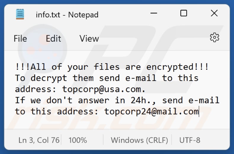 Archivo de texto del ransomware Top (info.txt)