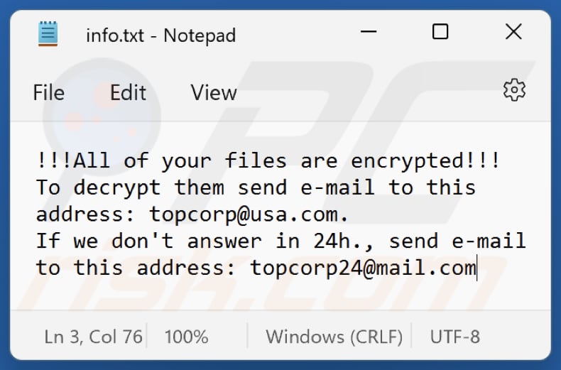 Archivo de texto del ransomware Top (info.txt)