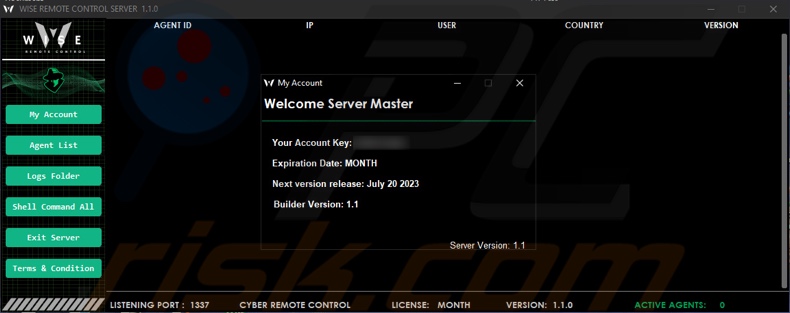 Panel de administración del malware Wise Remote stealer