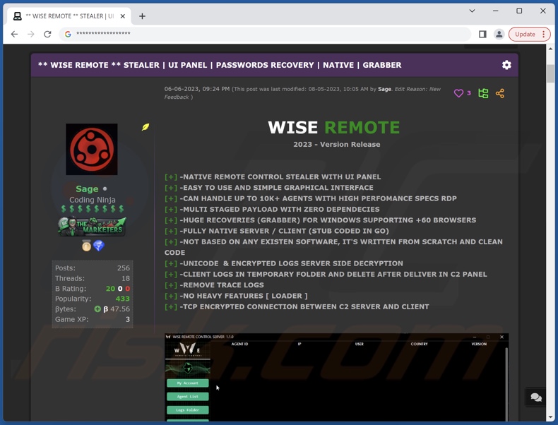 Wise Remote stealer malware promocionado online
