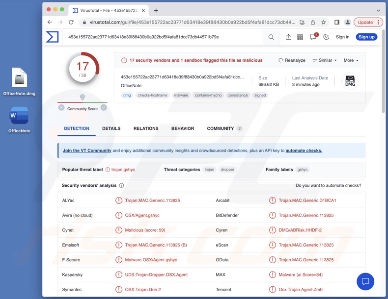 Detecciones del malware XLoader en VirusTotal
