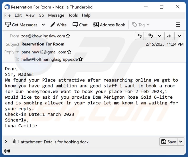Correo electrónico que distribuye XWorm con un archivo malicioso adjunto (Details for booking.doc)
