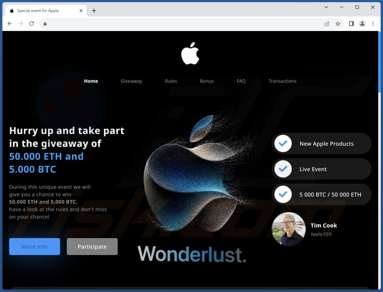 Segunda variante de la estafa emergente Apple Crypto Giveaway