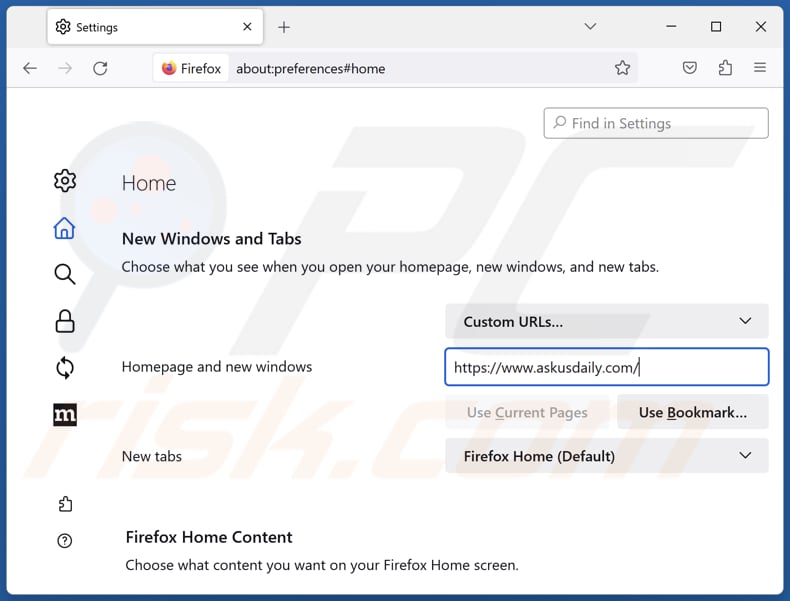 Eliminar askusdaily.com de la página de inicio de Mozilla Firefox