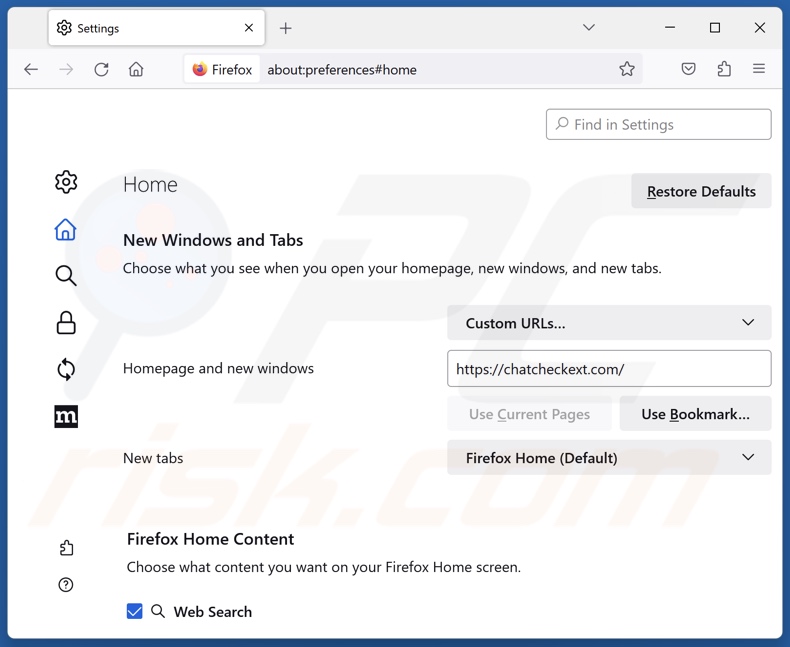 Eliminar chatcheckext.com de la página de inicio de Mozilla Firefox