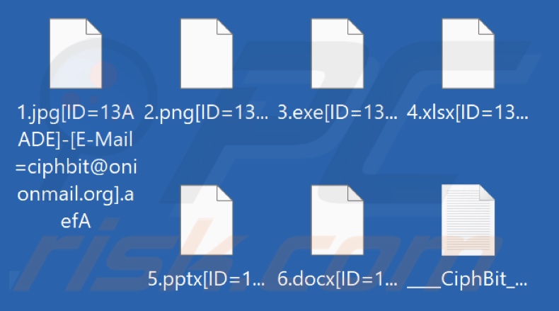 Archivos cifrados por el ransomware CiphBit (extensión compuesta por 4 caracteres aleatorios)