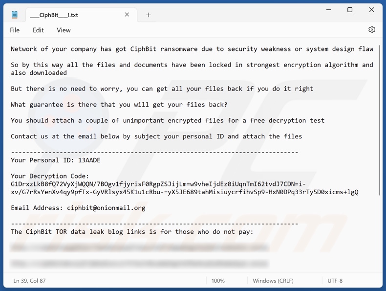 Nota de rescate del ransomware CiphBit (____CiphBit____!.txt)