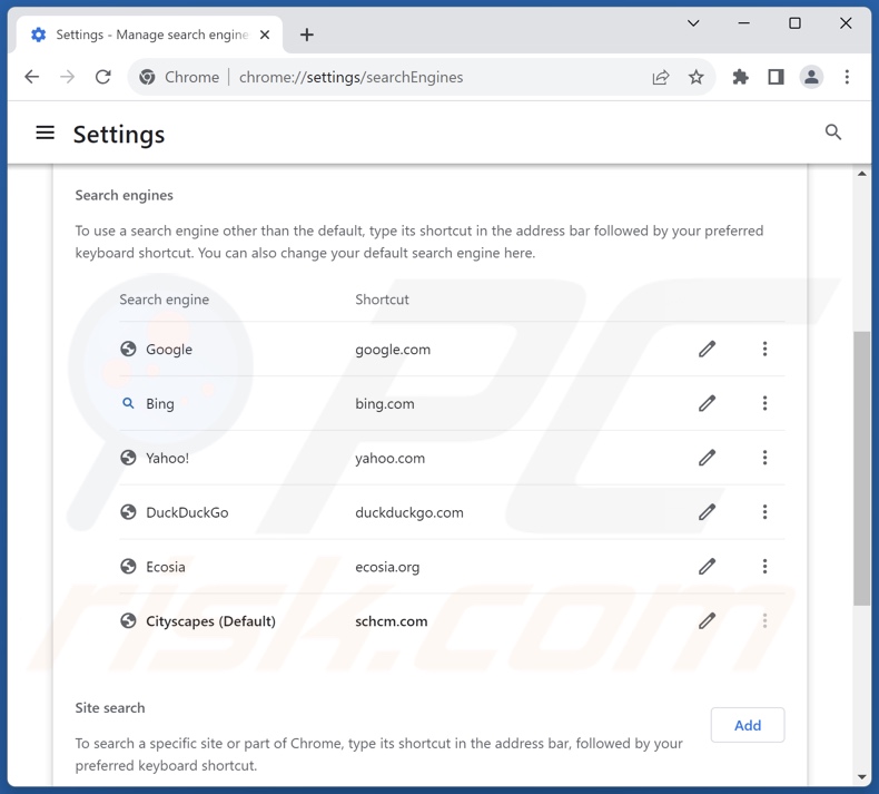 Eliminar schcm.com del motor de búsqueda predeterminado de Google Chrome