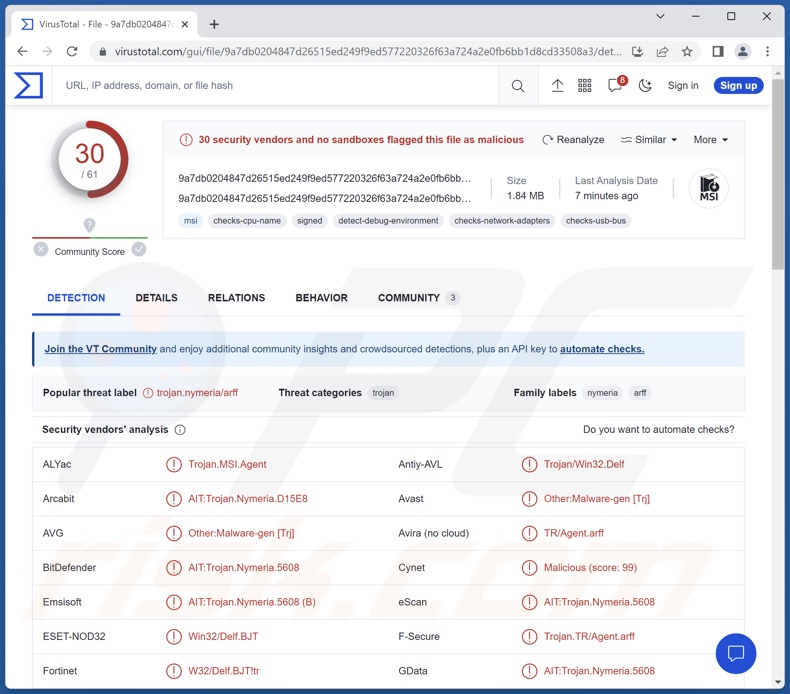 Detecciones de malware DarkGate en VirusTotal