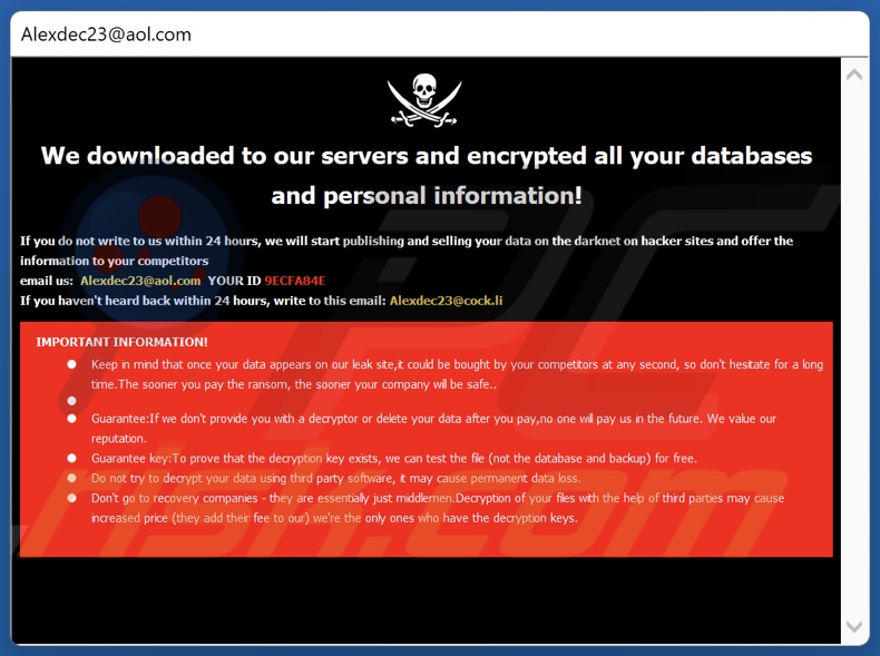 Nota de rescate del ransomware DOOK (pop-up)