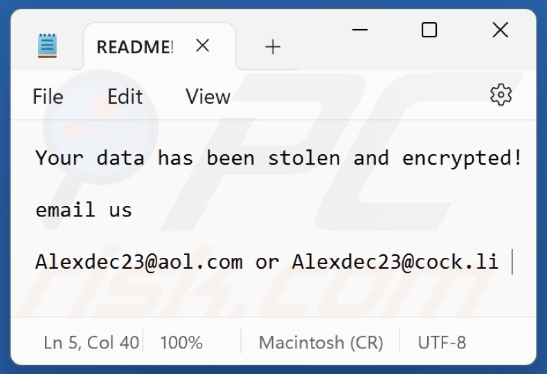 Archivo de texto del ransomware DOOK (README!.txt)