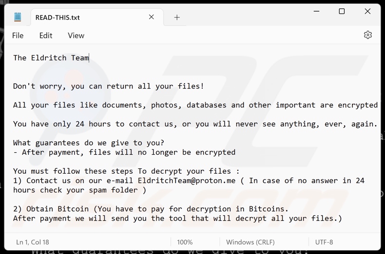 Nota de rescate del ransomware Eldritch (READ-THIS.txt)