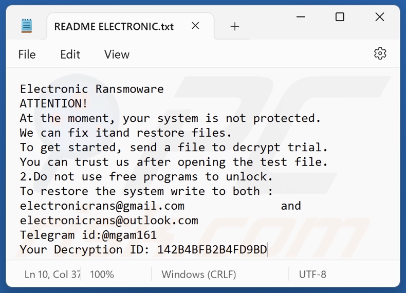 Nota de rescate del ransomware Electronic (README ELECTRONIC.txt)