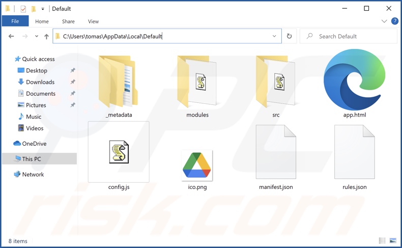 Carpeta de instalación de la extensión Google Drive falsa (titulada Default)